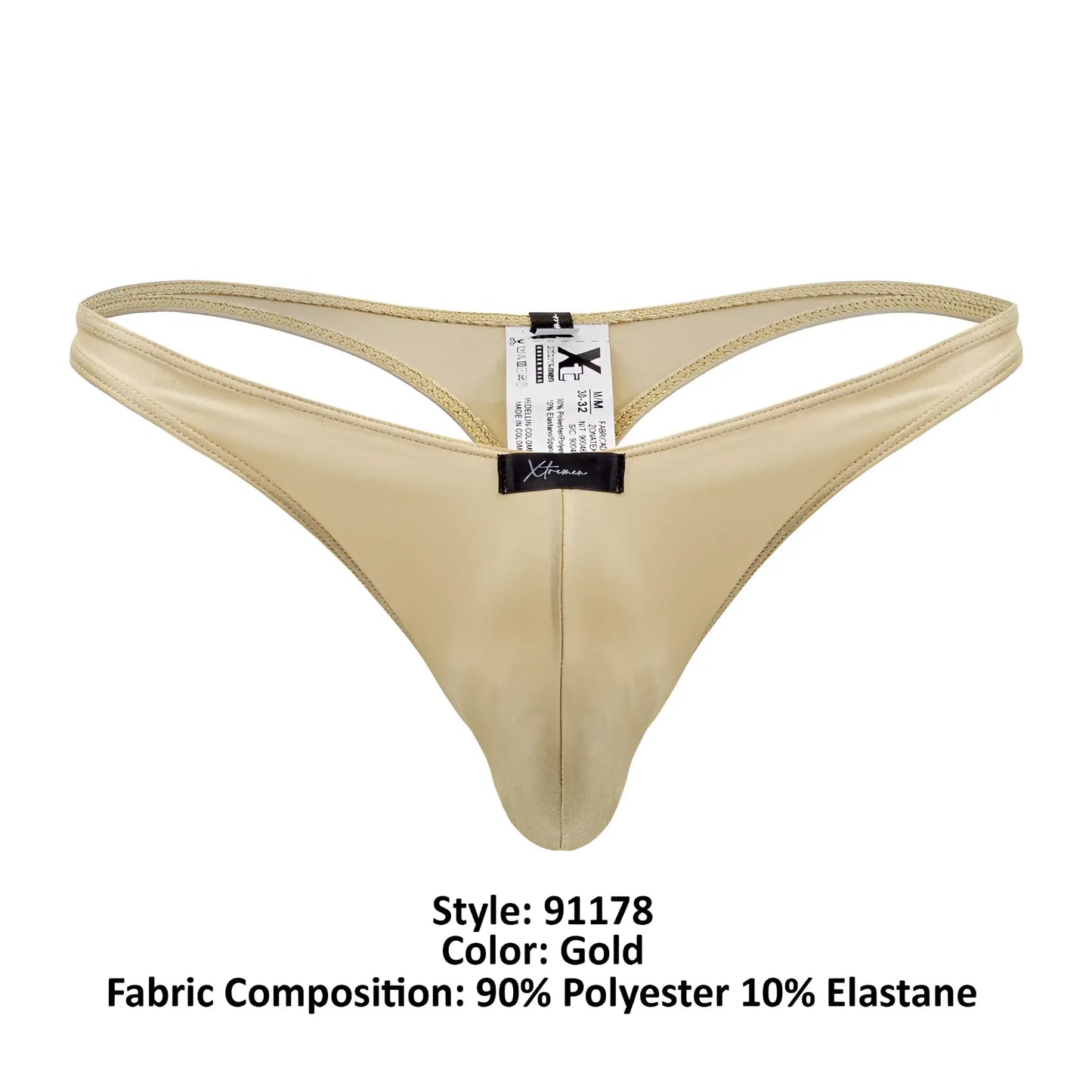 Gold-colored Xtremen 91178 microfiber thong with shiny fabric, sleek design, and thin straps shown from the back side