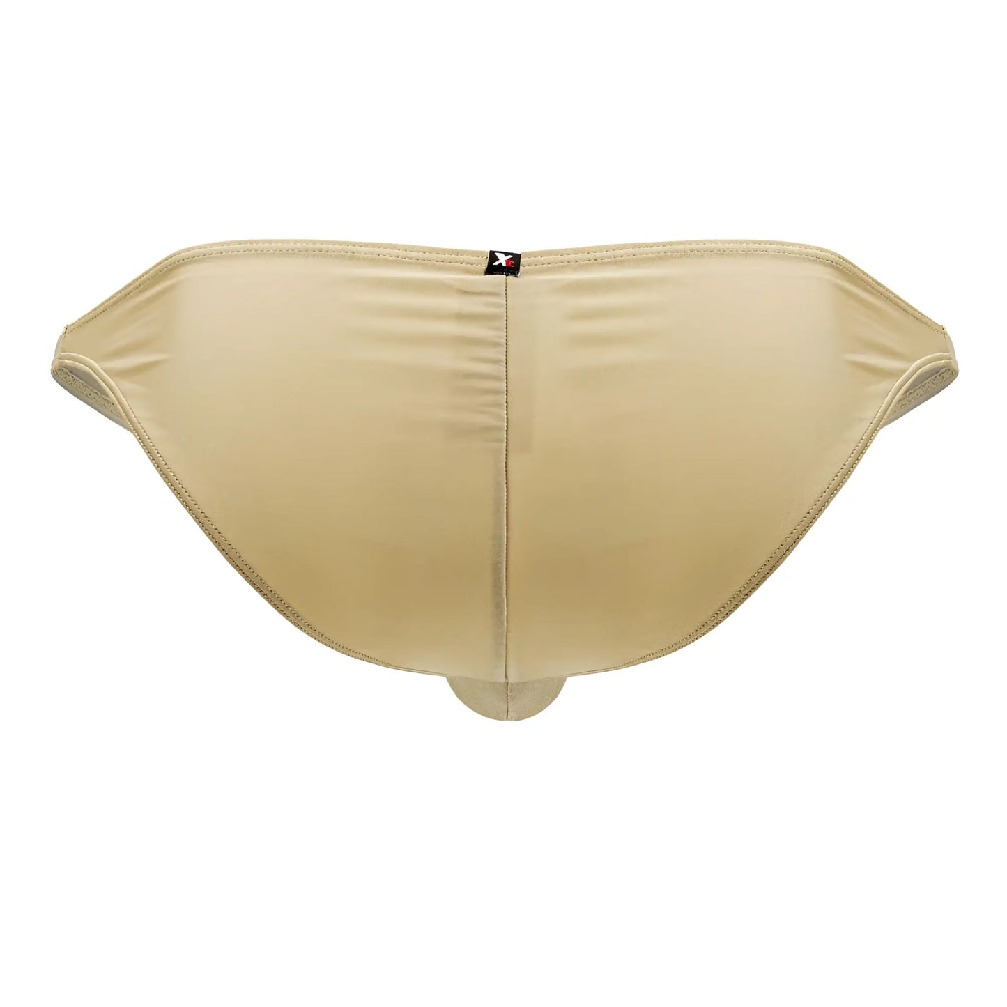 Beige seamless men’s microfiber briefs with subtle texture and black logo tag shown from the back in gold color