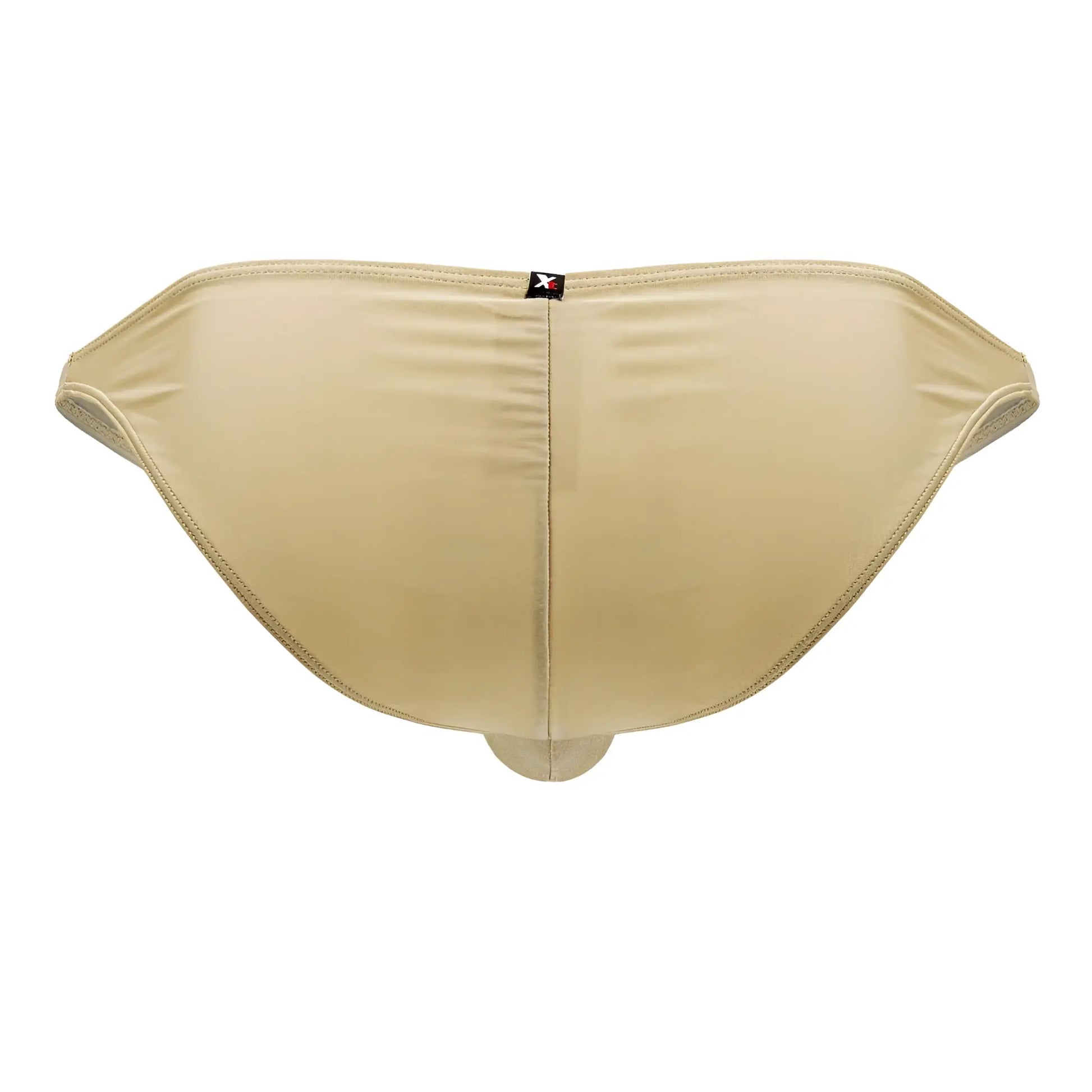 Beige seamless men’s microfiber briefs with subtle texture and black logo tag shown from the back in gold color