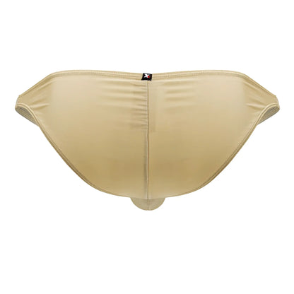 Beige seamless men’s microfiber briefs with subtle texture and black logo tag shown from the back in gold color
