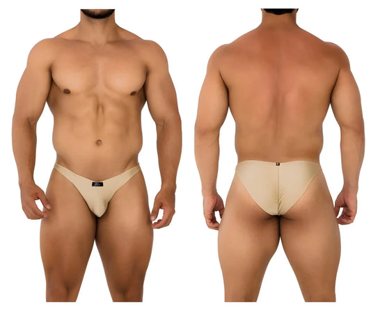 Beige xtremen 91179 microfiber bikini briefs with form-fitting design seam detail and small black brand tag at front