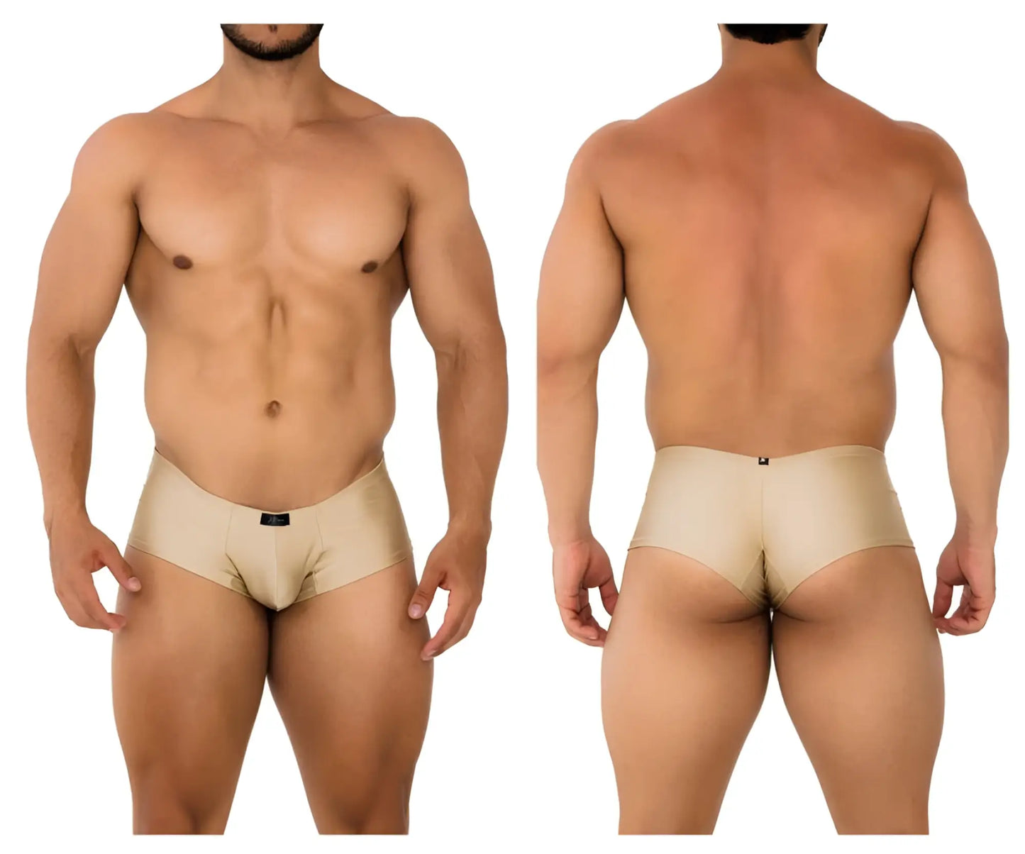 Beige form-fitting men’s briefs in gold microfiber with smooth stretchy fabric and black xtremen brand tag at waistband