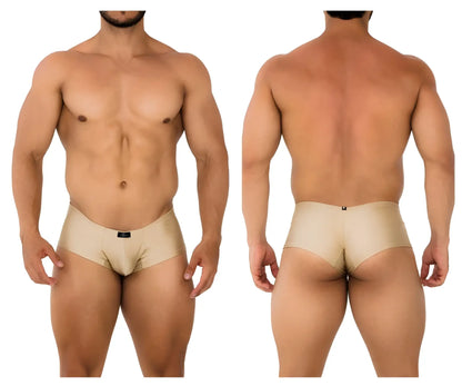 Beige form-fitting men’s briefs in gold microfiber with smooth stretchy fabric and black xtremen brand tag at waistband