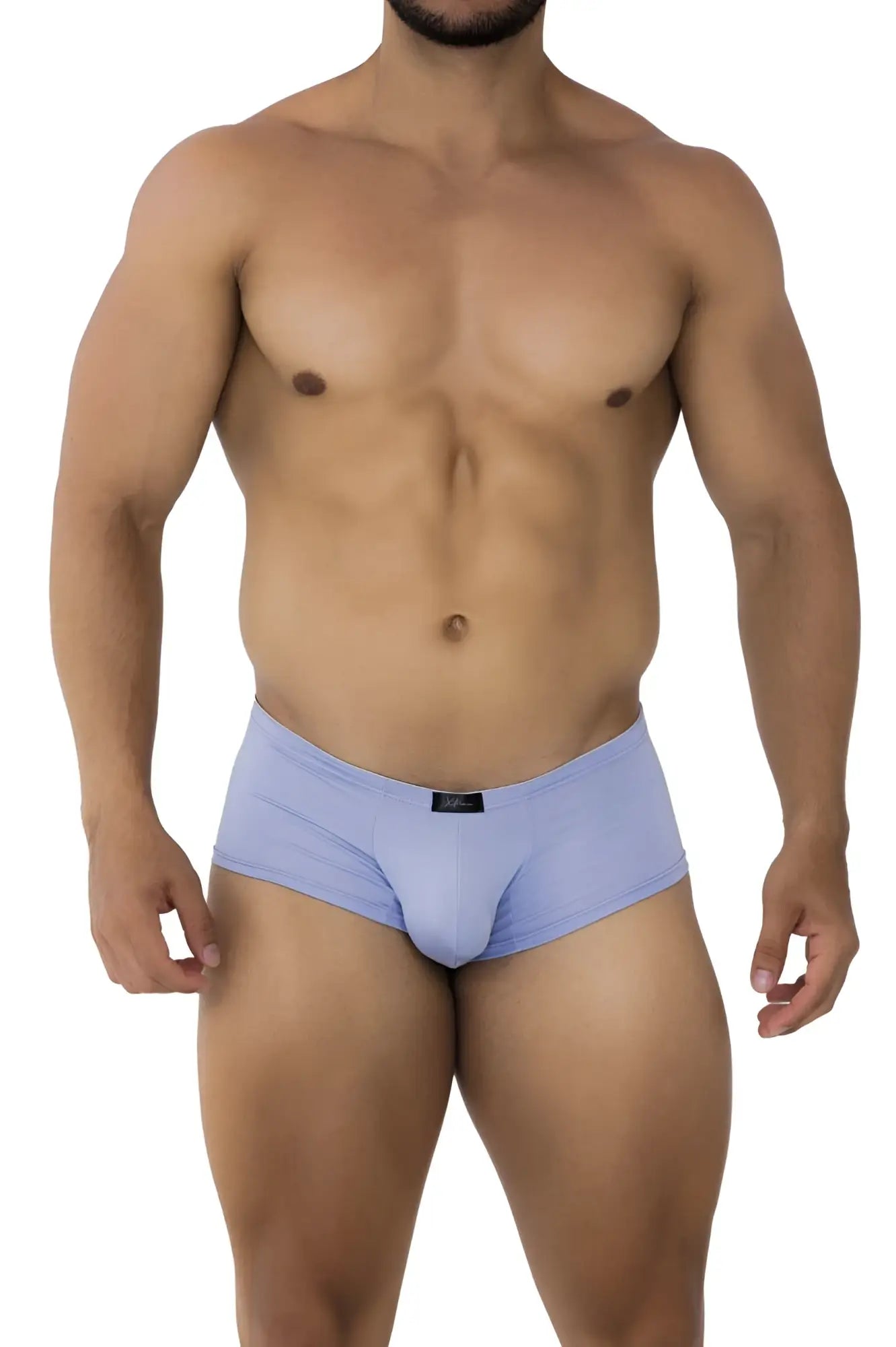 Light blue form-fitting Xtremen 91181 microfiber trunks with subtle elastic waistband and small black brand tag at front