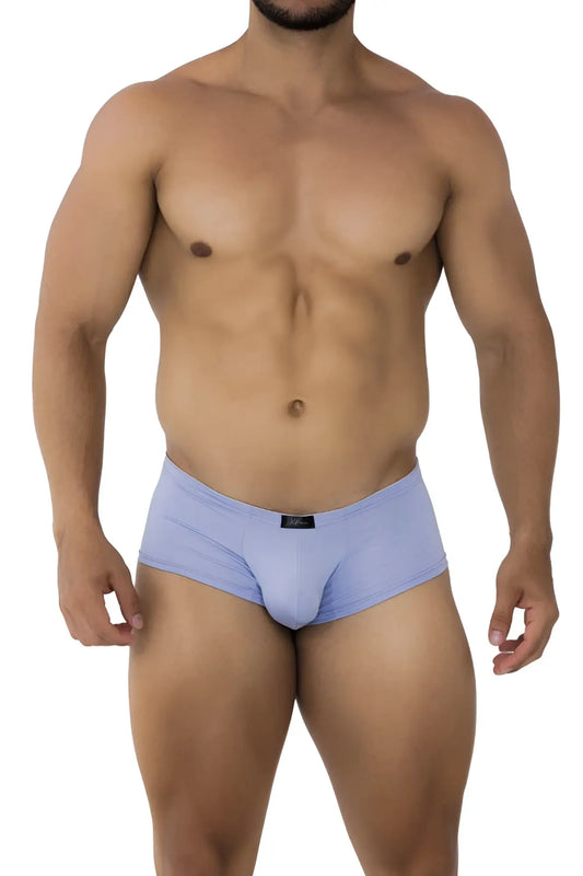 Light blue form-fitting Xtremen 91181 microfiber trunks with subtle elastic waistband and small black brand tag at front