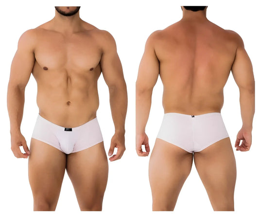 Pink xtremen 91181 microfiber trunks with smooth form-fitting design and small black logo on white men’s briefs waistband