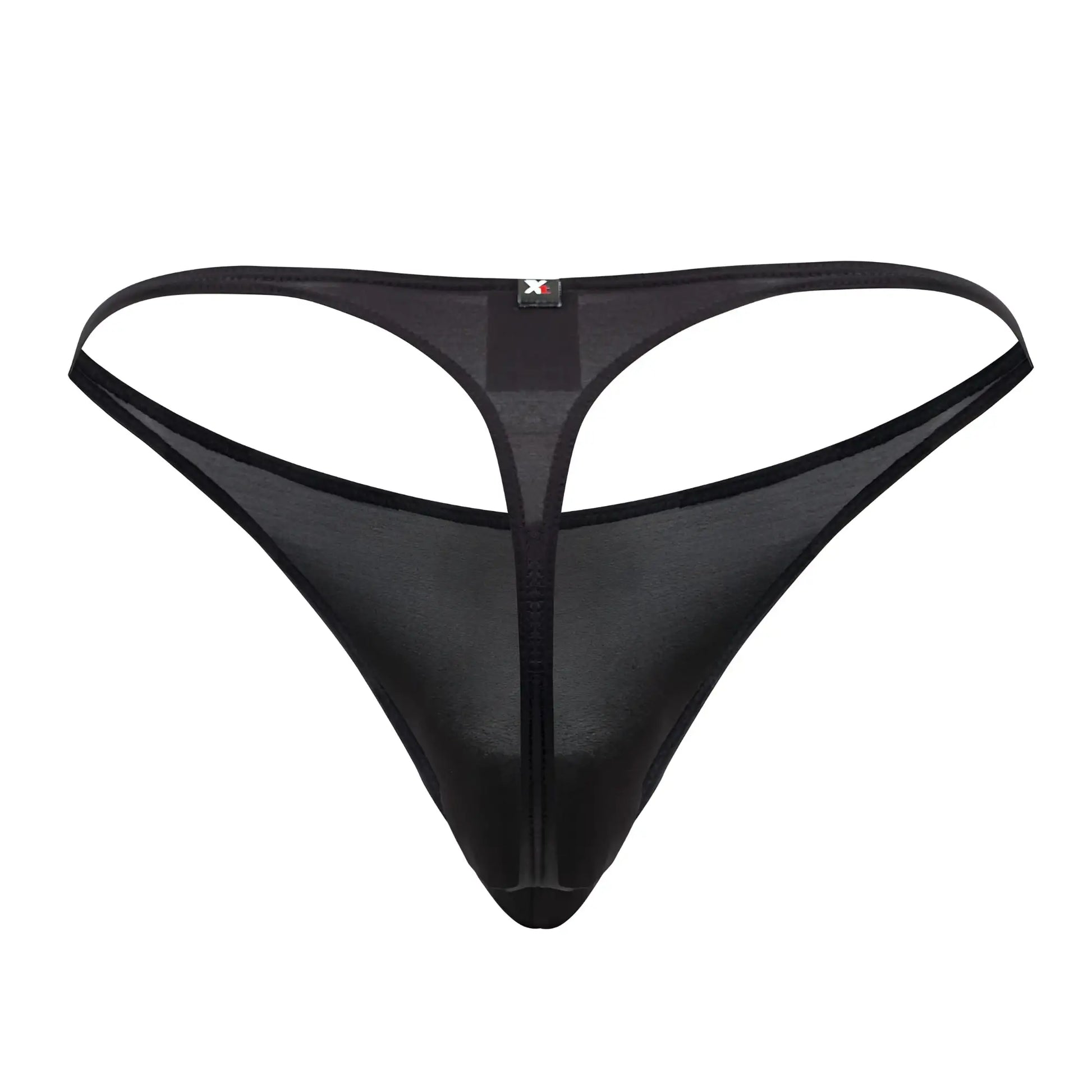 Black xtremen 91182 microfiber thong featuring sheer mesh, central zipper, and thin supportive straps