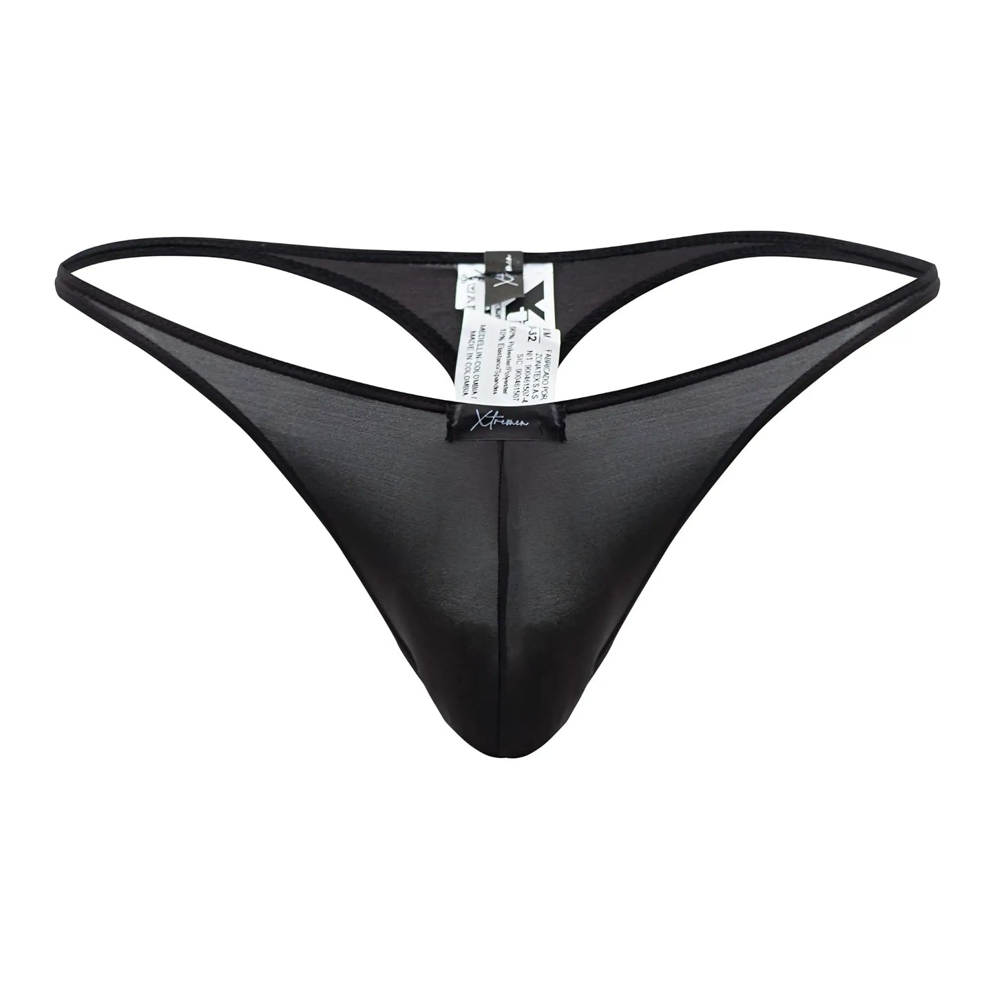 Black sheer mesh thong with solid black waistband and leg openings from Xtremen 91182 microfiber thongs collection