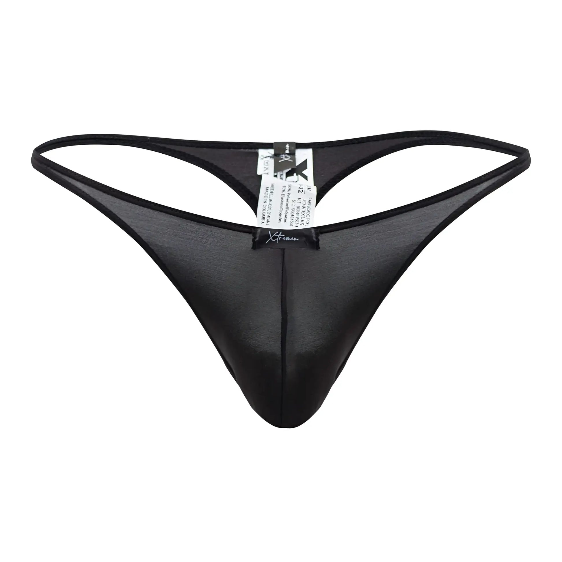 Black sheer mesh thong with solid black waistband and leg openings from Xtremen 91182 microfiber thongs collection