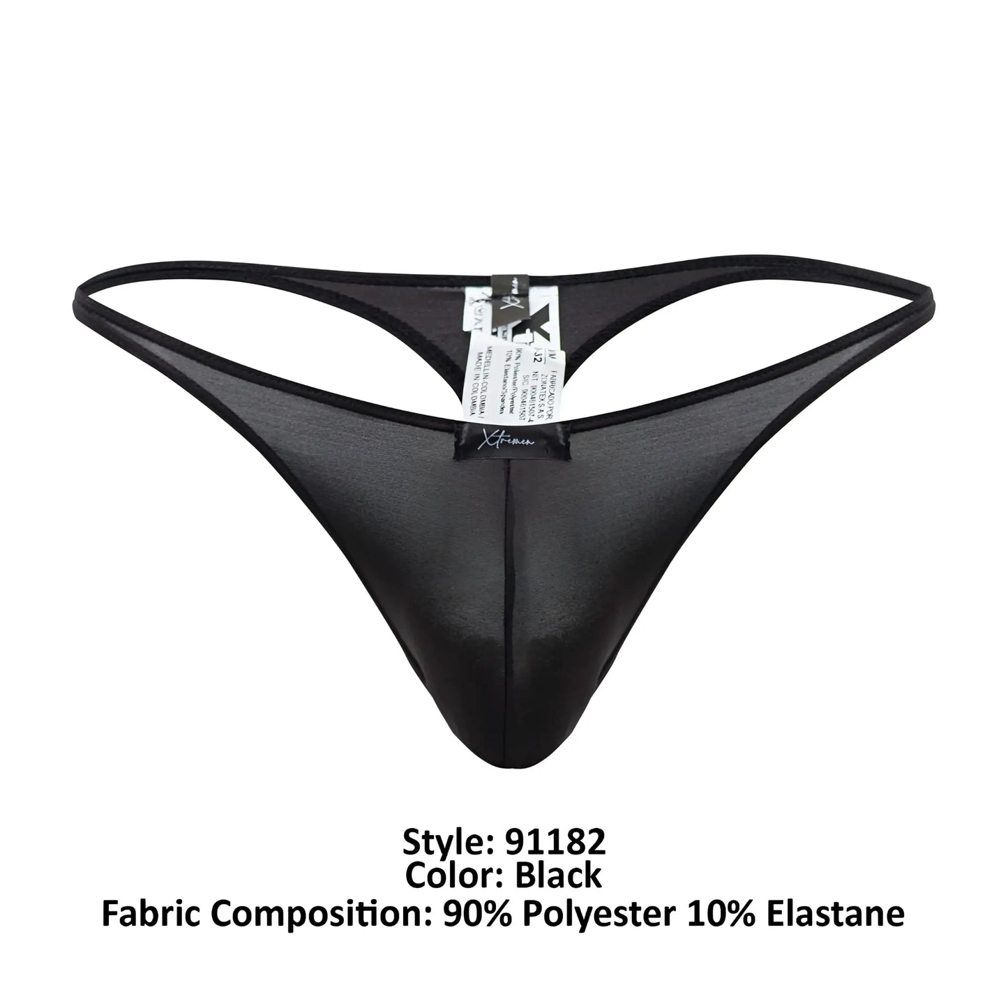 Black xtremen 91182 microfiber thong with sheer glossy fabric and thin elastic waistband shown from the back