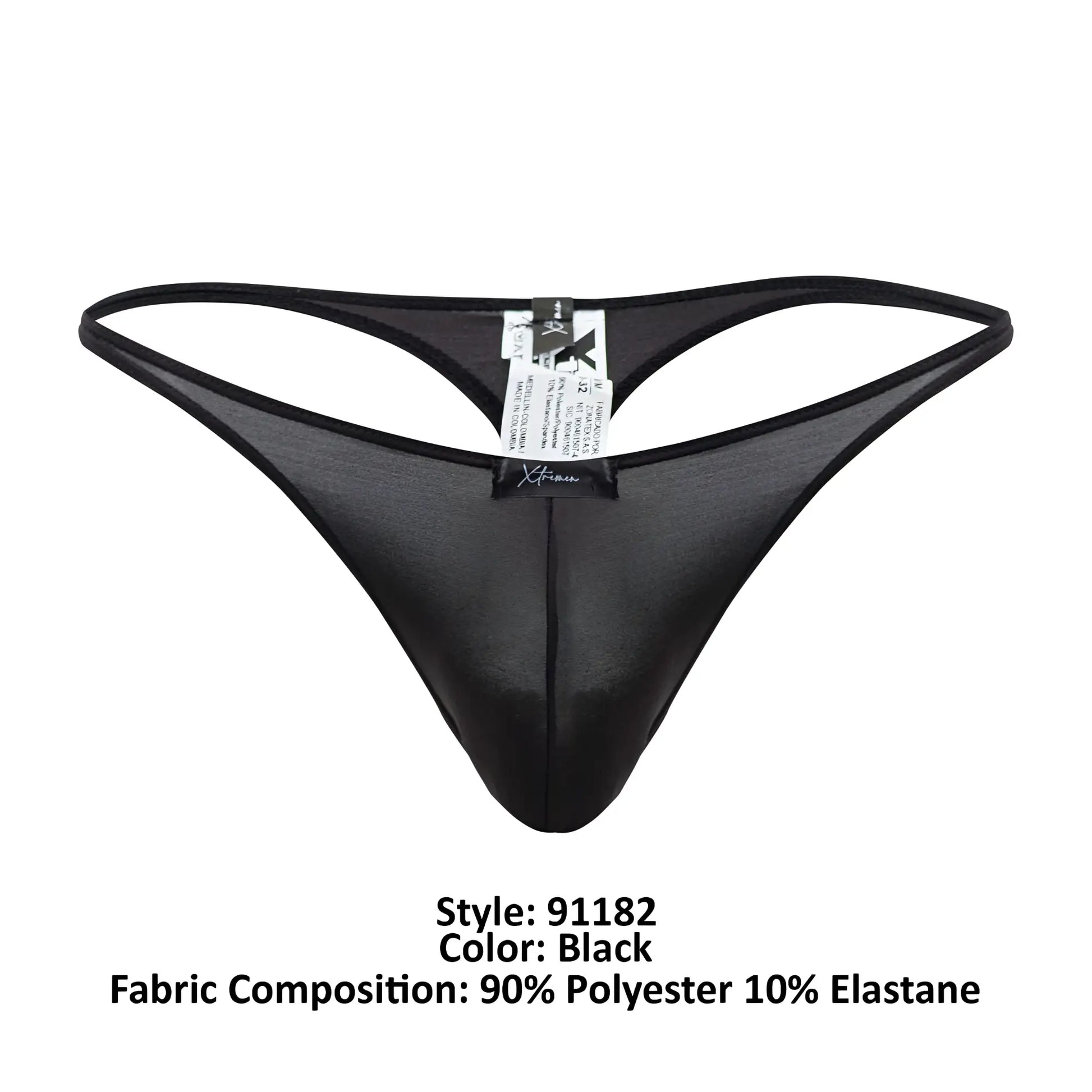 Black xtremen 91182 microfiber thong with sheer glossy fabric and thin elastic waistband shown from the back
