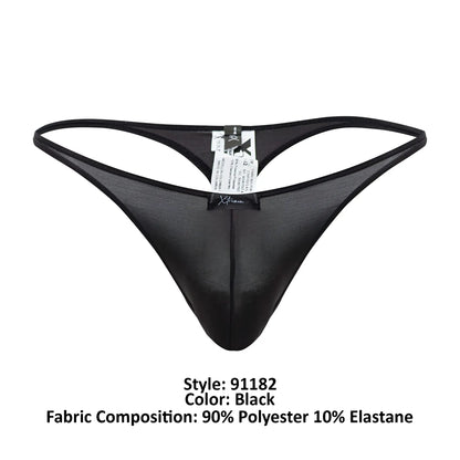 Black xtremen 91182 microfiber thong with sheer glossy fabric and thin elastic waistband shown from the back