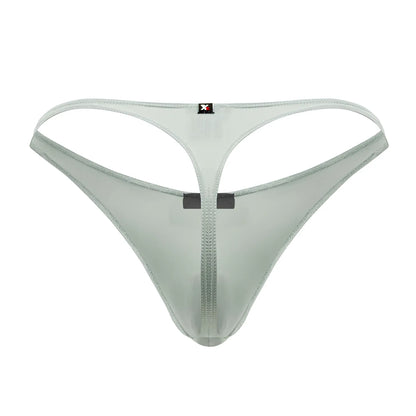 Light gray translucent microfiber thong with central zipper and black waistband tabs from Xtremen 91182 green collection