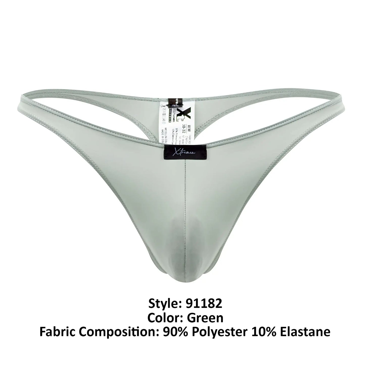 Green microfiber thong with a smooth shiny polyester and elastane blend from Xtremen 91182 collection