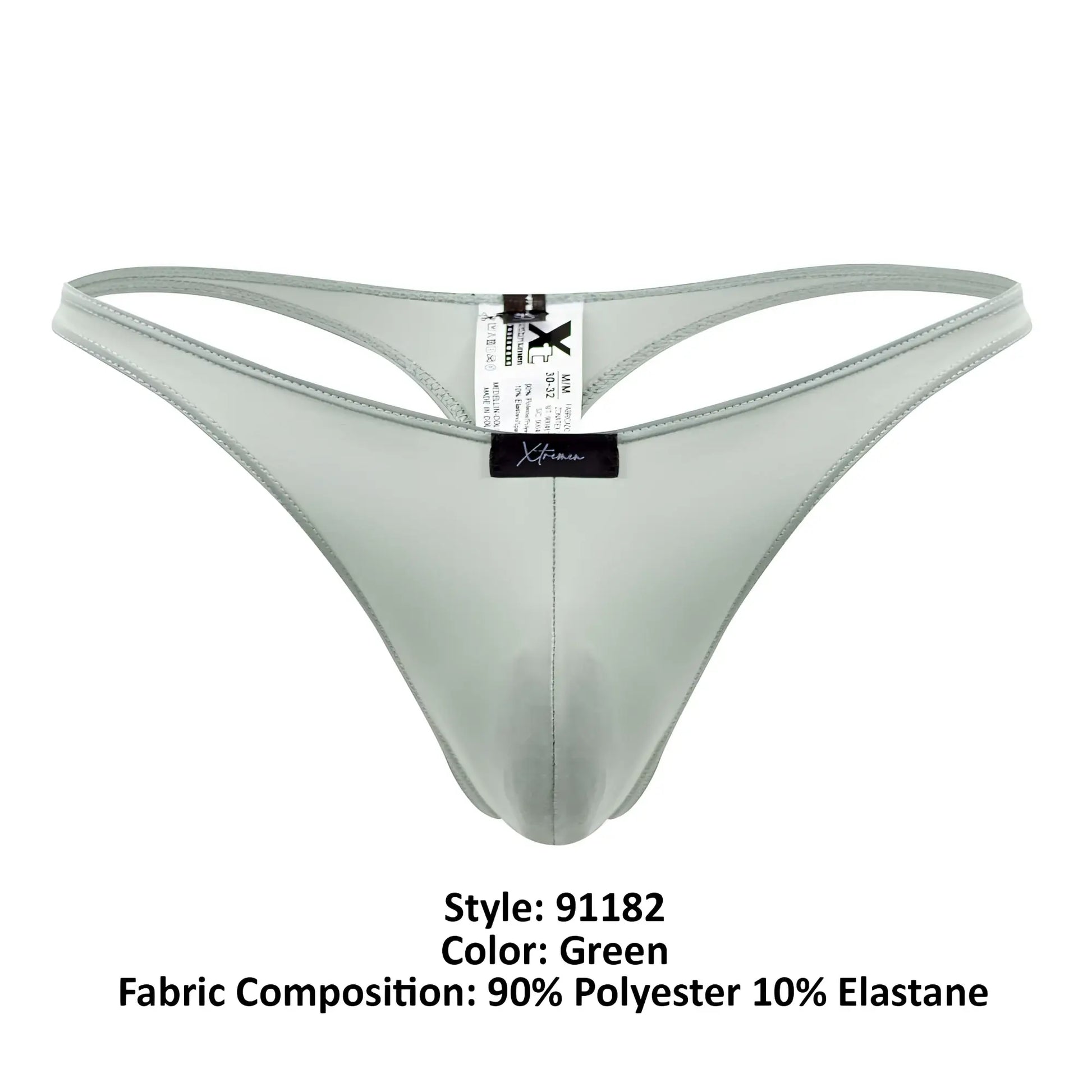 Green microfiber thong with a smooth shiny polyester and elastane blend from Xtremen 91182 collection