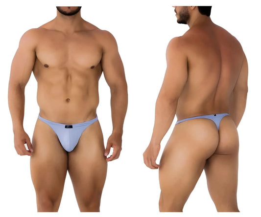 Light blue form-fitting microfiber thong with smooth fabric and black brand tag at the back by xtremen