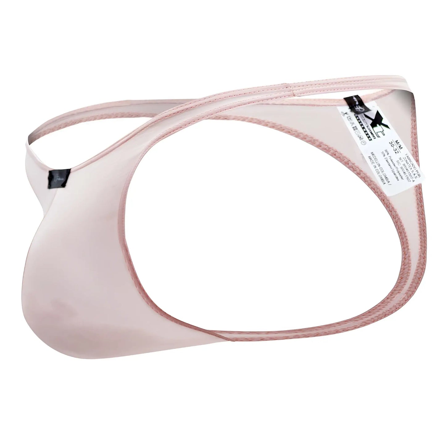 A sheer light pink xtremen 91182 microfiber men’s thong with smooth stretchy fabric and matching pink stitching