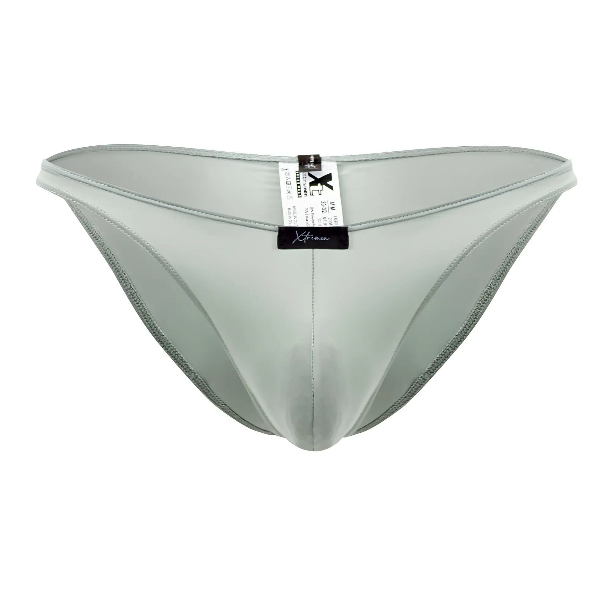 Xtremen 91183 microfiber bikini briefs in light gray satin with a smooth glossy finish and subtle edge stitching