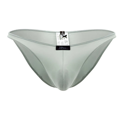 Xtremen 91183 microfiber bikini briefs in light gray satin with a smooth glossy finish and subtle edge stitching