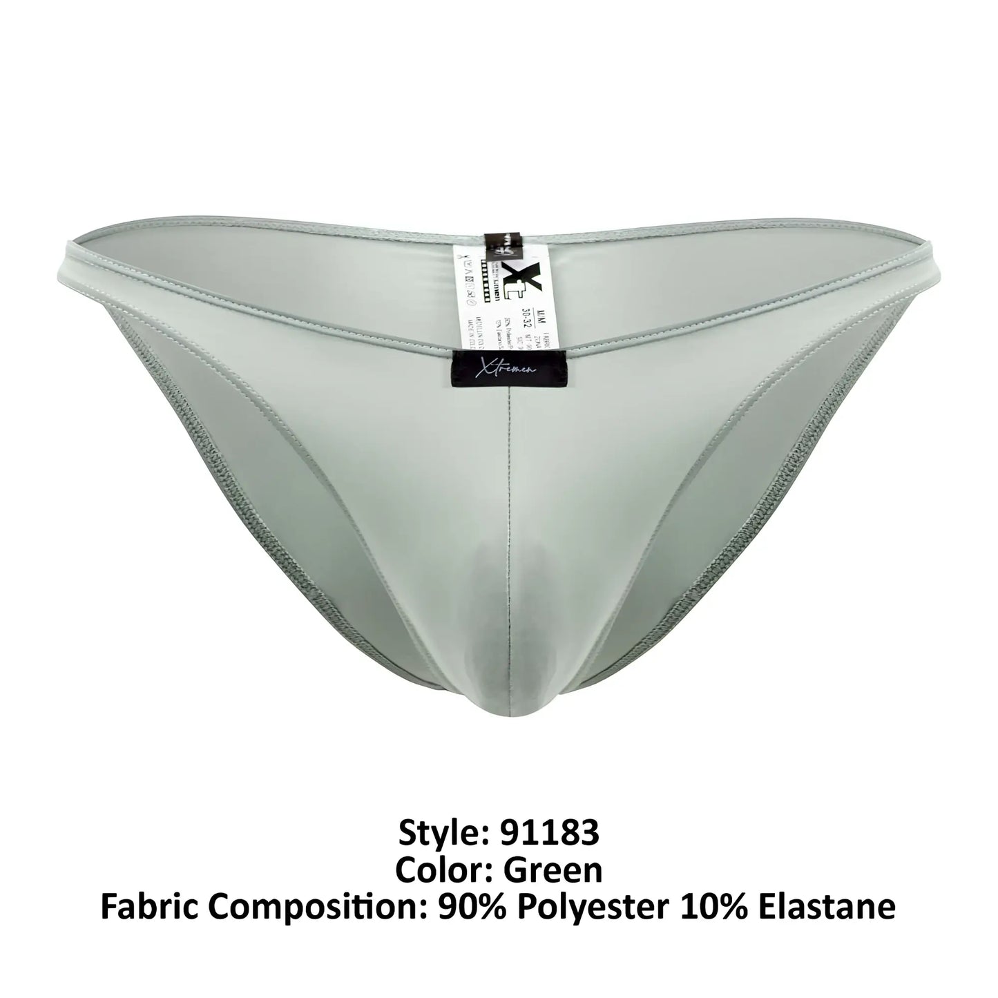 Xtremen 91183 microfiber bikini green sleek men’s briefs made from 90% polyester and 10% elastane blend
