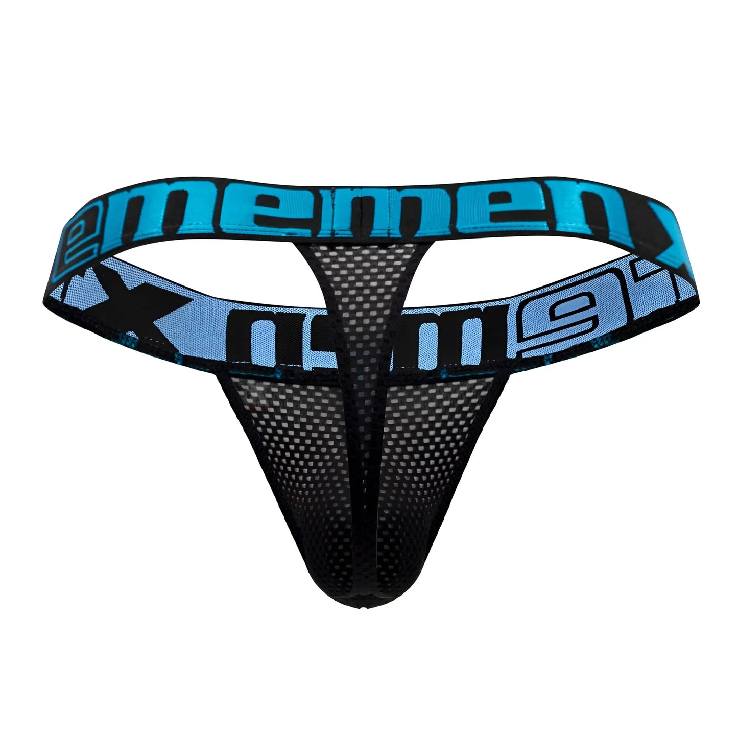 Black xtremen 91184 mesh thong with blue and black branded waistband shown from the back side