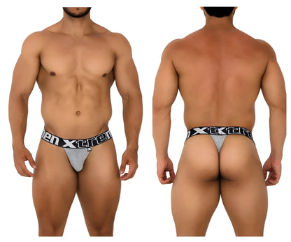 Gray mesh men’s thong with black elastic xtreme branded waistband from Xtremen 91184 mesh thongs collection