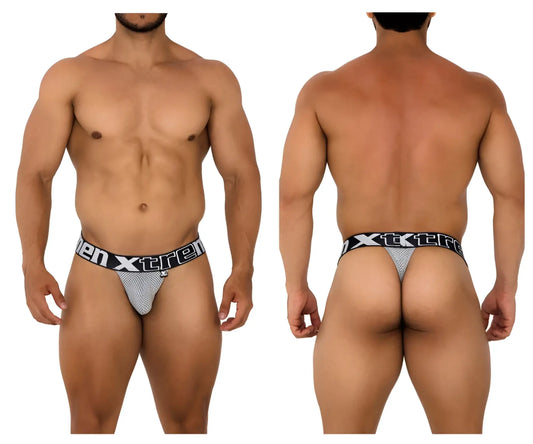 Gray mesh men’s thong with black elastic xtreme branded waistband from Xtremen 91184 mesh thongs collection