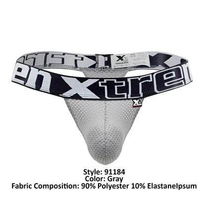 Gray men’s Xtremen 91184 thong with mesh fabric and black-and-white branded waistband shown from the back side