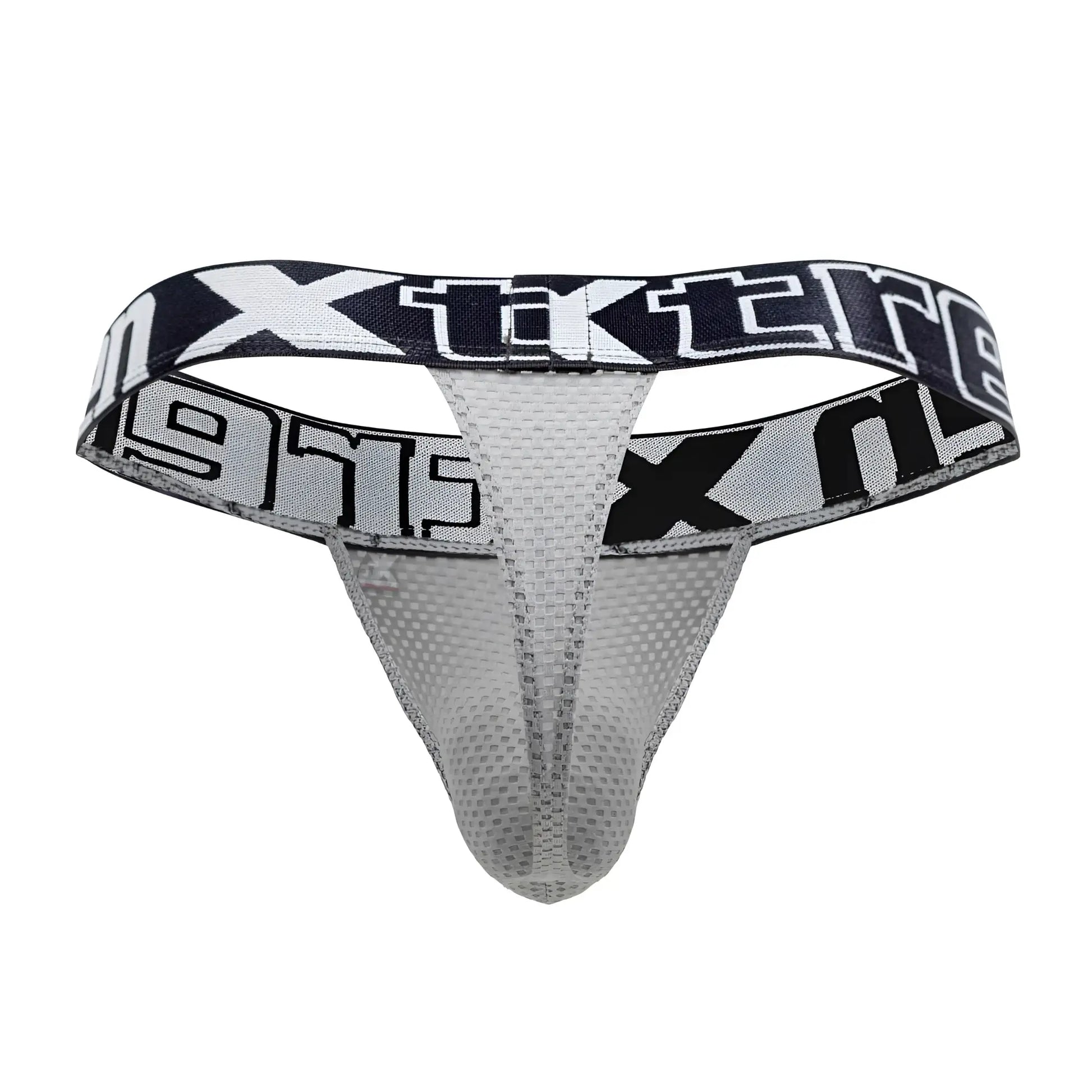 Gray mesh thong with black and white xtreme branding on the waistband from xtremen 91184 collection