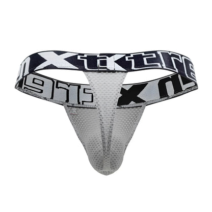 Gray mesh thong with black and white xtreme branding on the waistband from xtremen 91184 collection