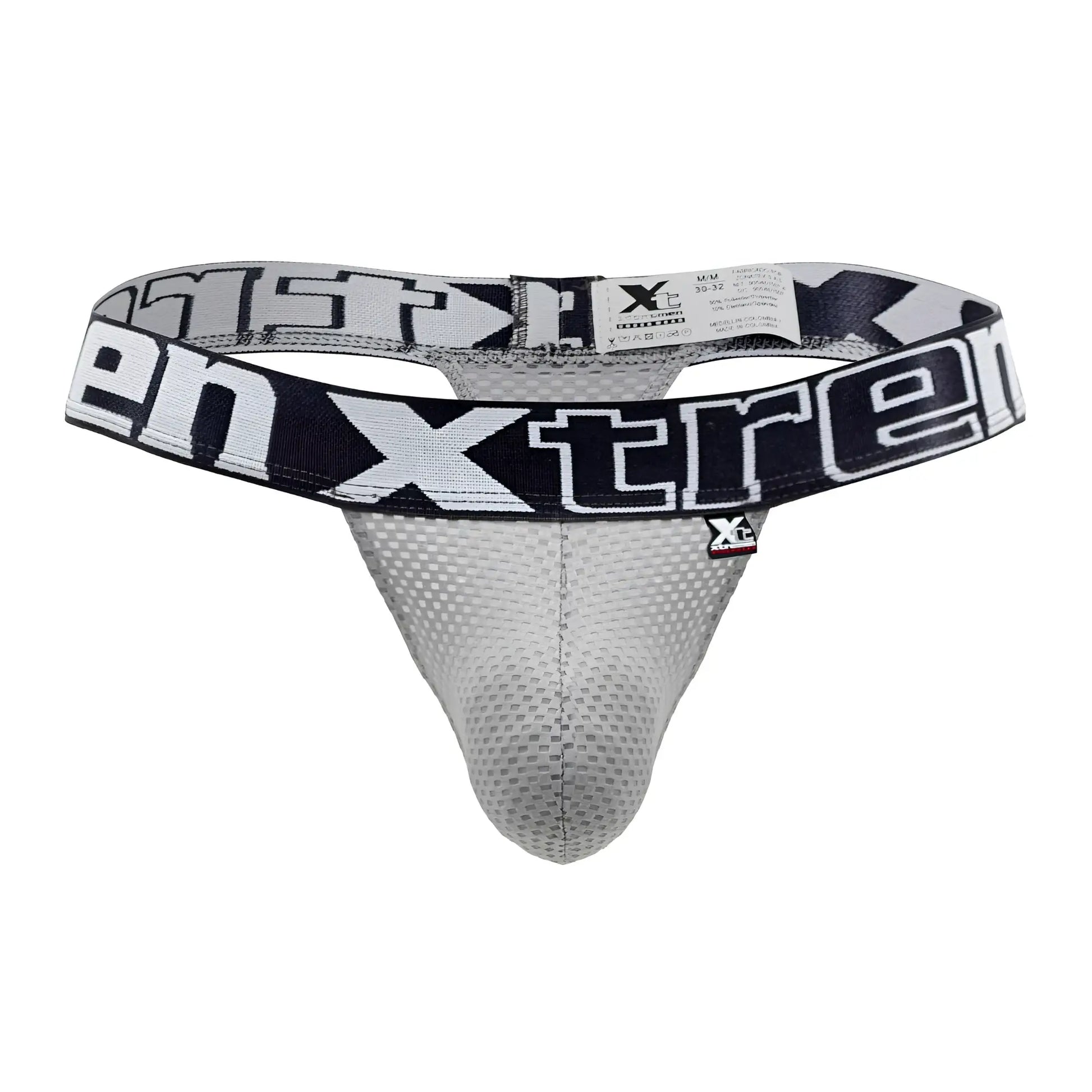 Gray mesh thong with black and white xtreme branding on waistband from Xtremen 91184 collection
