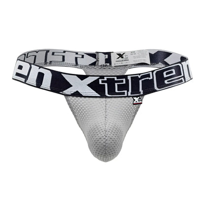 Gray mesh thong with black and white xtreme branding on waistband from Xtremen 91184 collection