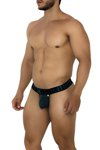 Dark teal mesh briefs with bold black elastic waistband featuring Xtremen brand name in white lettering