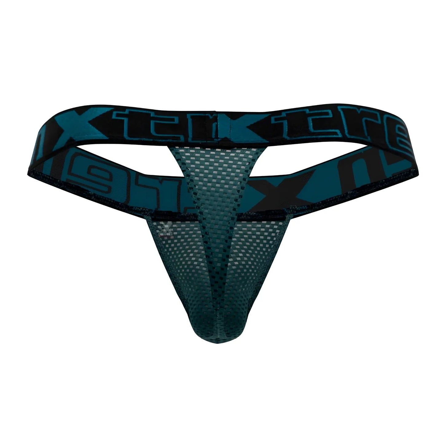 Dark teal mesh xtremen 91184 thong with black elastic waistband and blue xtreme logo pattern in green color