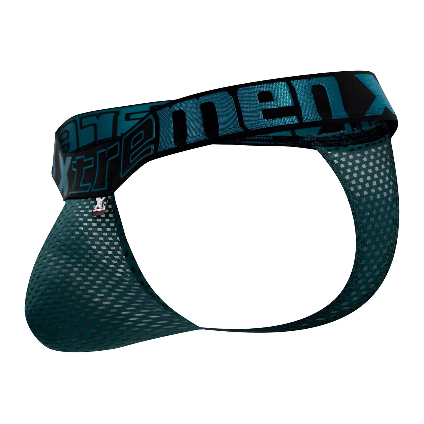 Teal mesh briefs with black waistband featuring xtreme men logo in teal from xtremen 91184 mesh thongs color green
