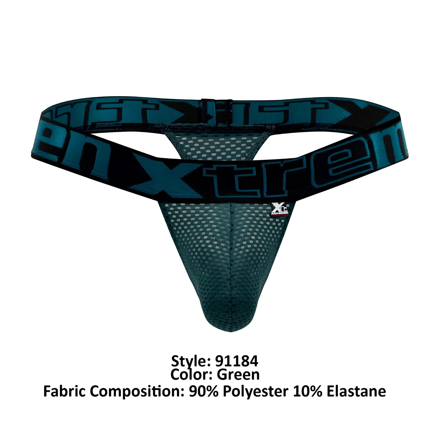 Green mesh thong with black elastic waistband and teal xtreme logo from xtremen 91184 mesh thongs