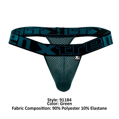 Green mesh thong with black elastic waistband and teal xtreme logo from xtremen 91184 mesh thongs