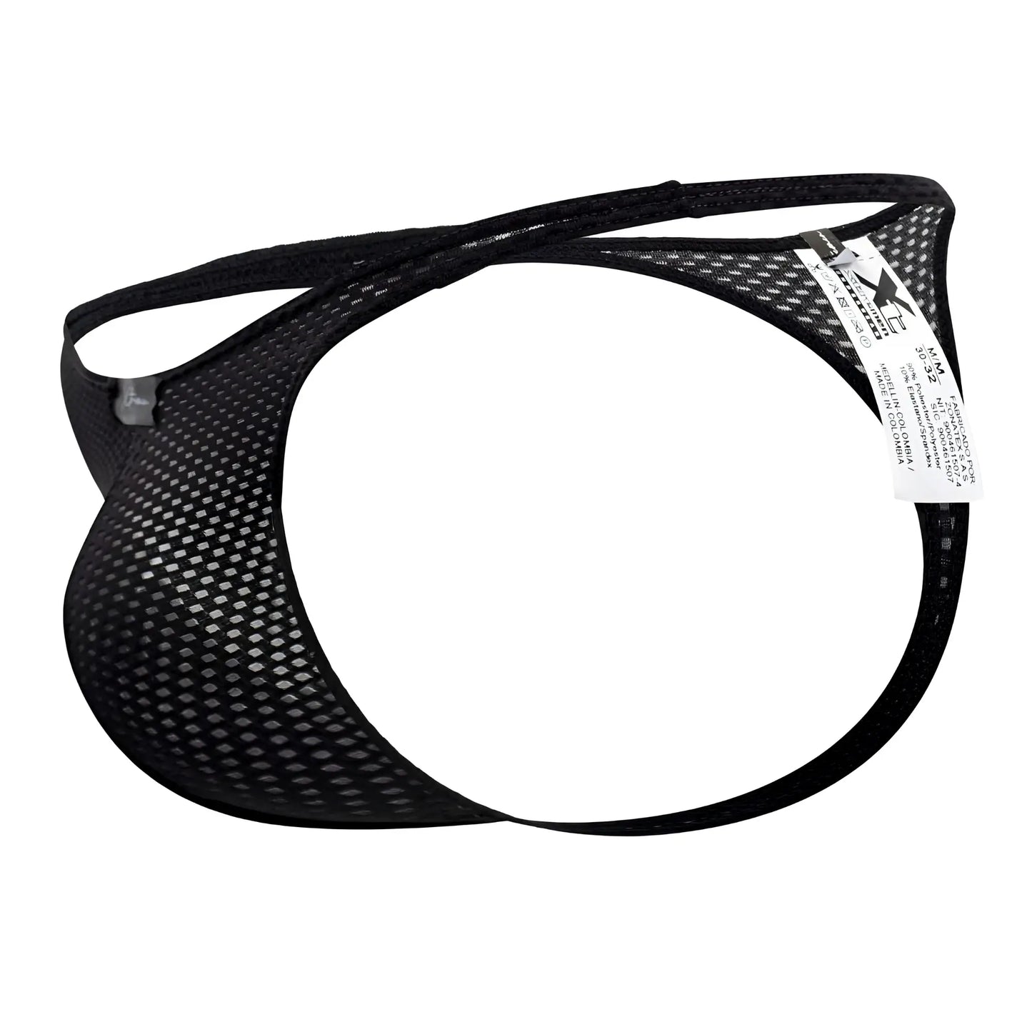 Xtremen 91185 black mesh men’s thong with sleek form fitting design and reinforced elastic straps front view