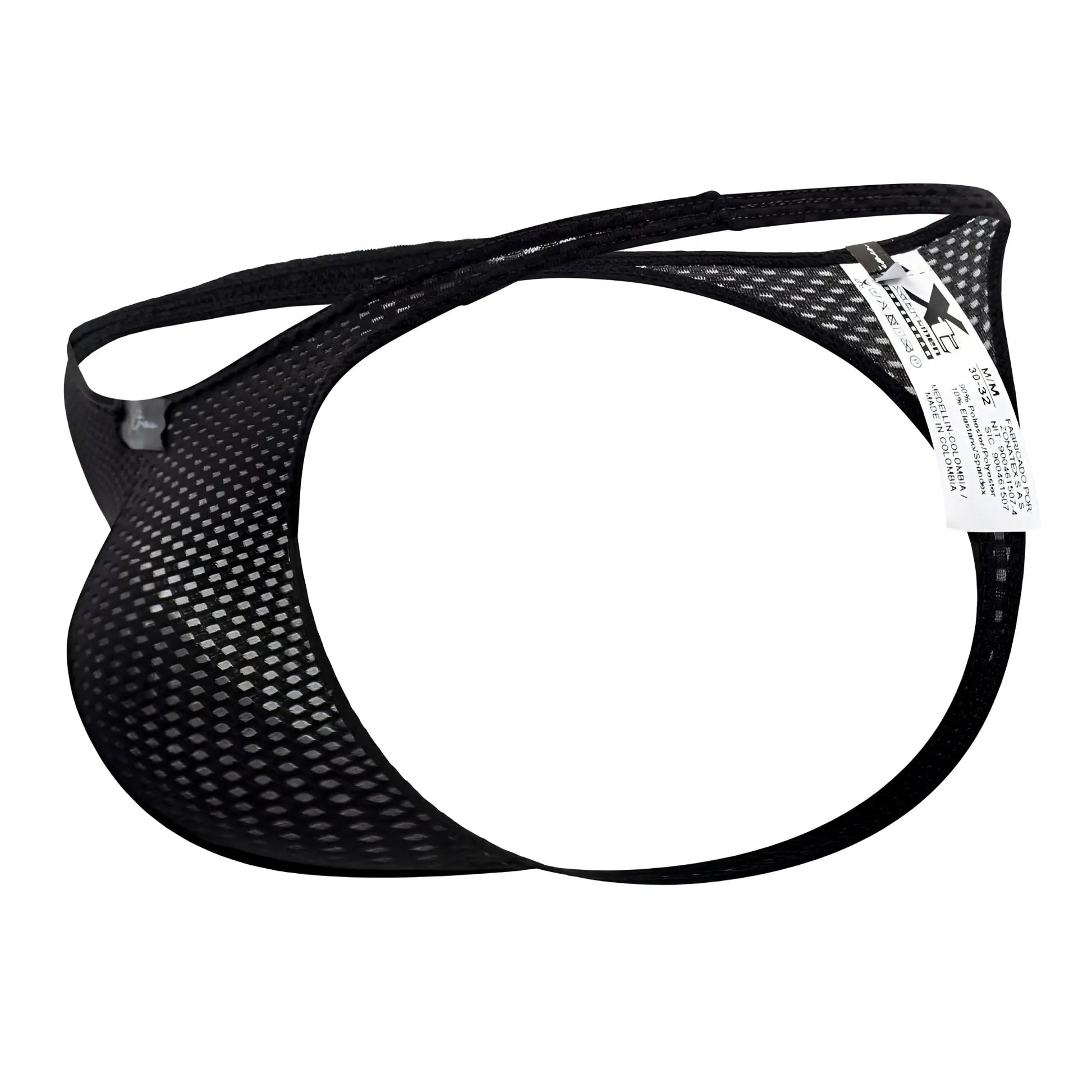 Xtremen 91185 black mesh men’s thong with sleek form fitting design and reinforced elastic straps front view