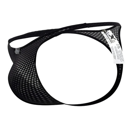 Xtremen 91185 black mesh men’s thong with sleek form fitting design and reinforced elastic straps front view