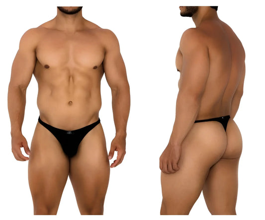 Black xtremen 91185 mesh thong briefs with a sleek minimalist design shown from the back side