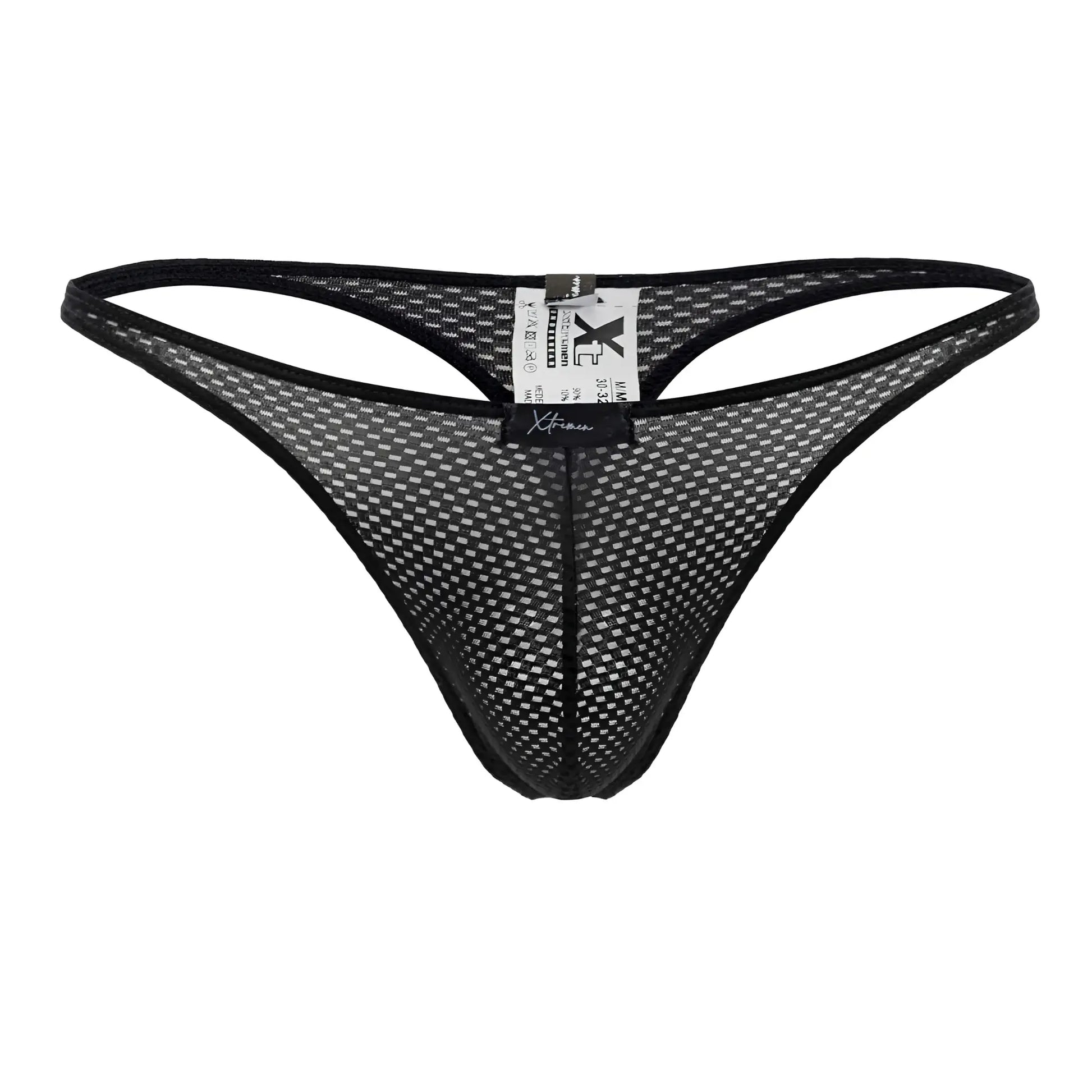 Xtremen 91185 black mesh thong with solid black trim and adjustable waistband shown from the back side