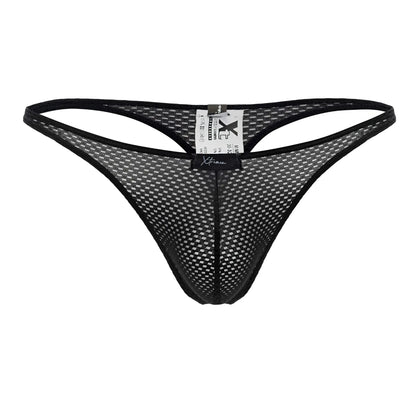 Xtremen 91185 black mesh thong with solid black trim and adjustable waistband shown from the back side