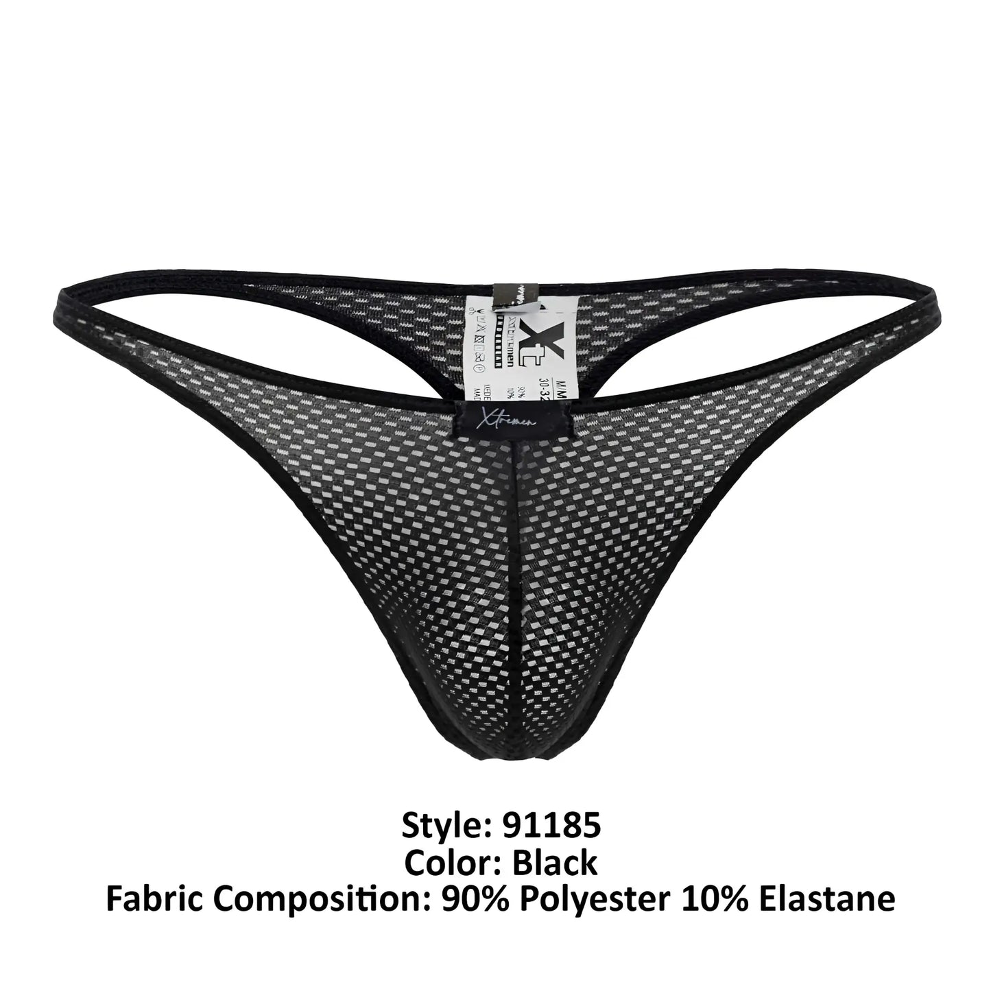 Xtremen 91185 black mesh thong with a subtle grid pattern and reinforced black trim front view