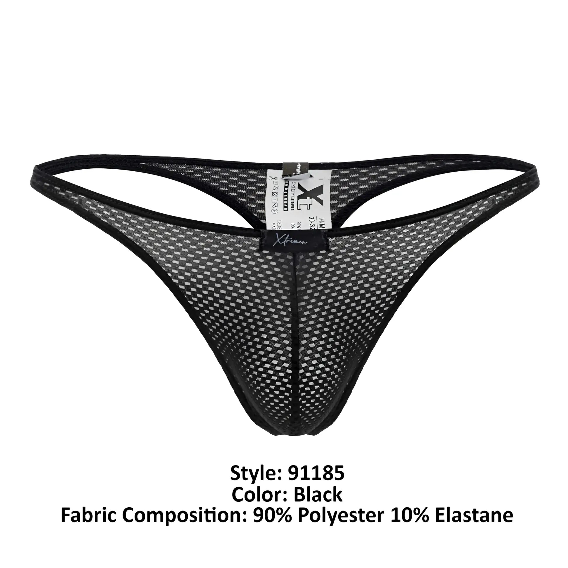 Xtremen 91185 black mesh thong with a subtle grid pattern and reinforced black trim front view