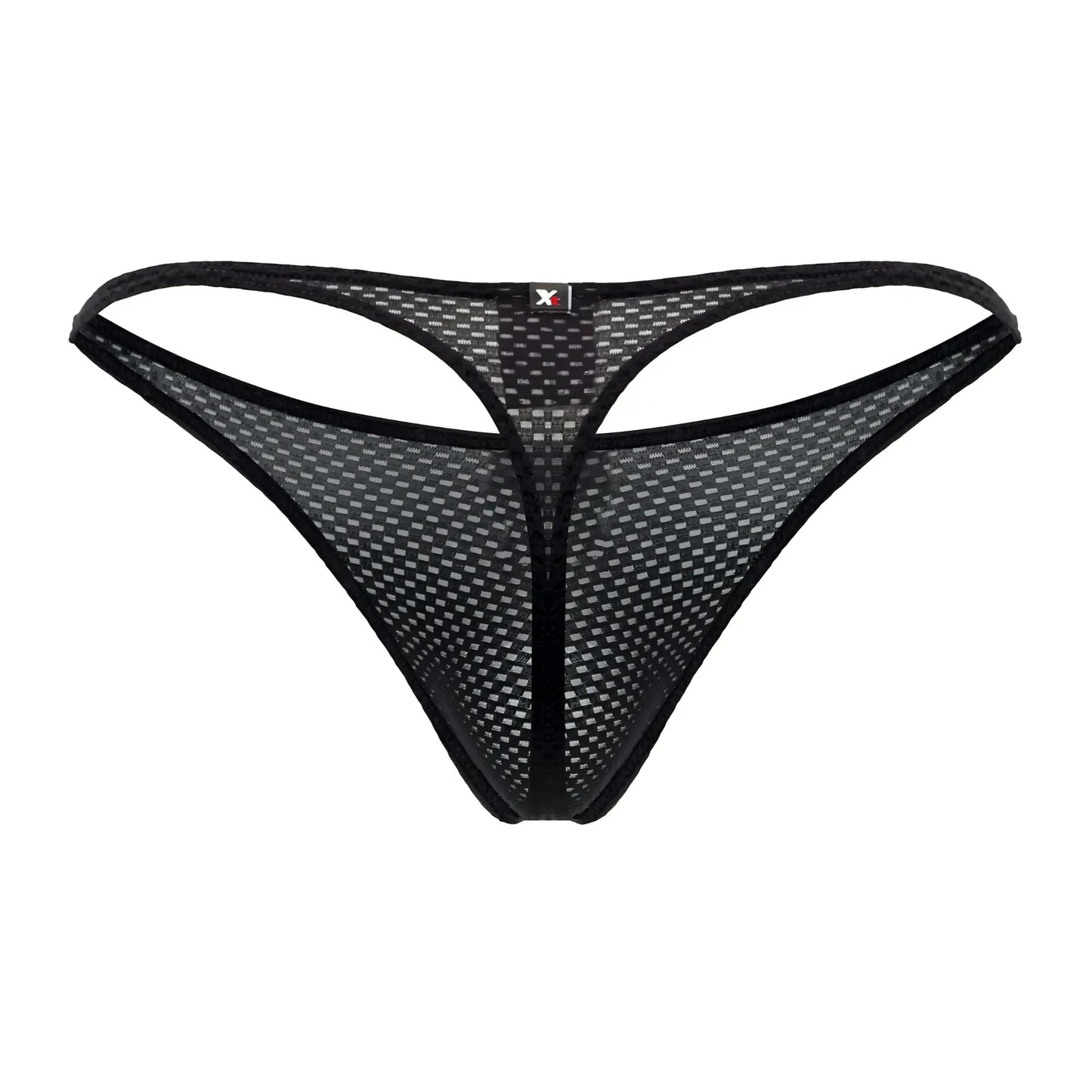 Xtremen 91185 black mesh thong with subtle grid pattern and reinforced edges shown from the back side