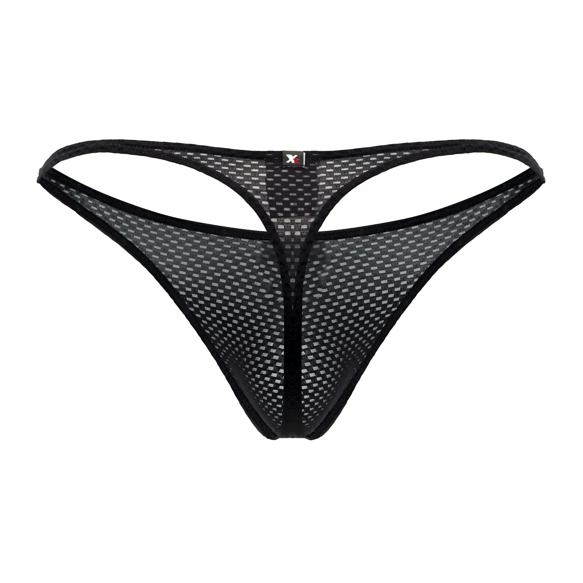 Xtremen 91185 black mesh thong with subtle grid pattern and reinforced edges shown from the back side