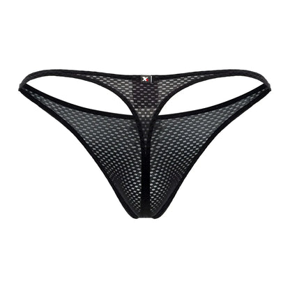 Xtremen 91185 black mesh thong with subtle grid pattern and reinforced edges shown from the back side