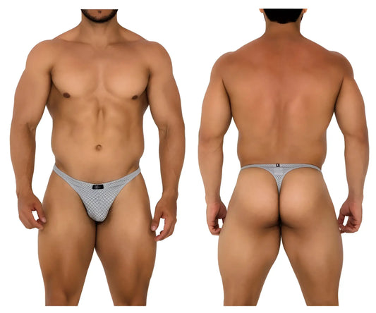 Gray mesh thong with a small black brand tag at the front from xtremen 91185 mesh thongs color gray collection