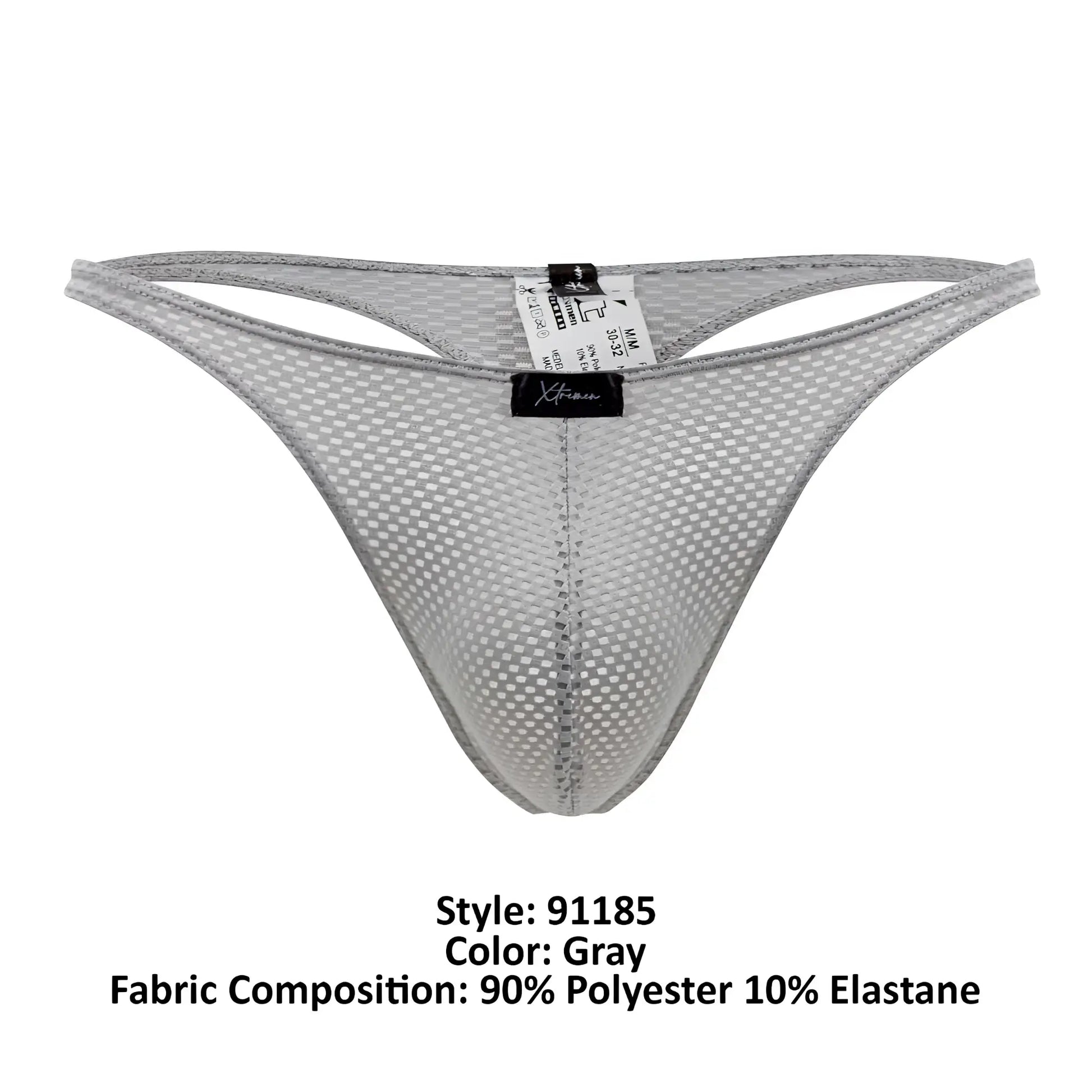 Gray mesh thong with subtle grid pattern and elasticized edges from xtremen 91185 collection